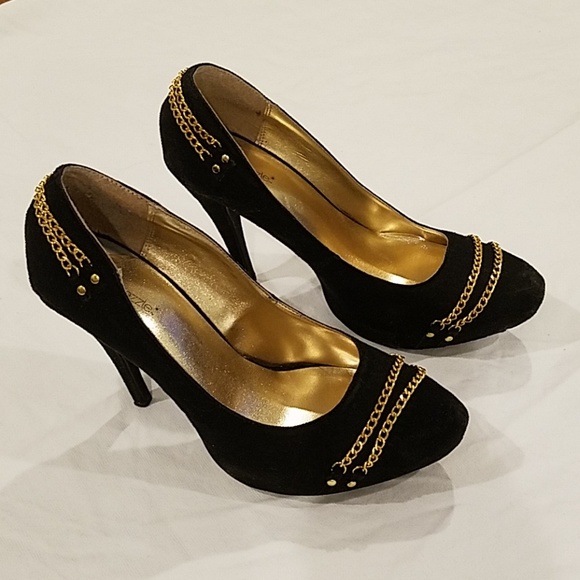 Black suede gold chain heels Shoe dazzle size 10 - Picture 2 of 8